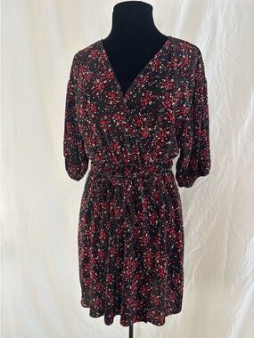 Dynamite Pleated Floral Dress Black Red Wrap Tie Waist Romantic Dark Chic M